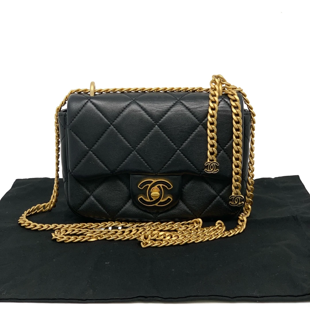 95新 Chanel/香奈儿 芯片款 黑色珐琅金扣 方胖子大mini 链条包