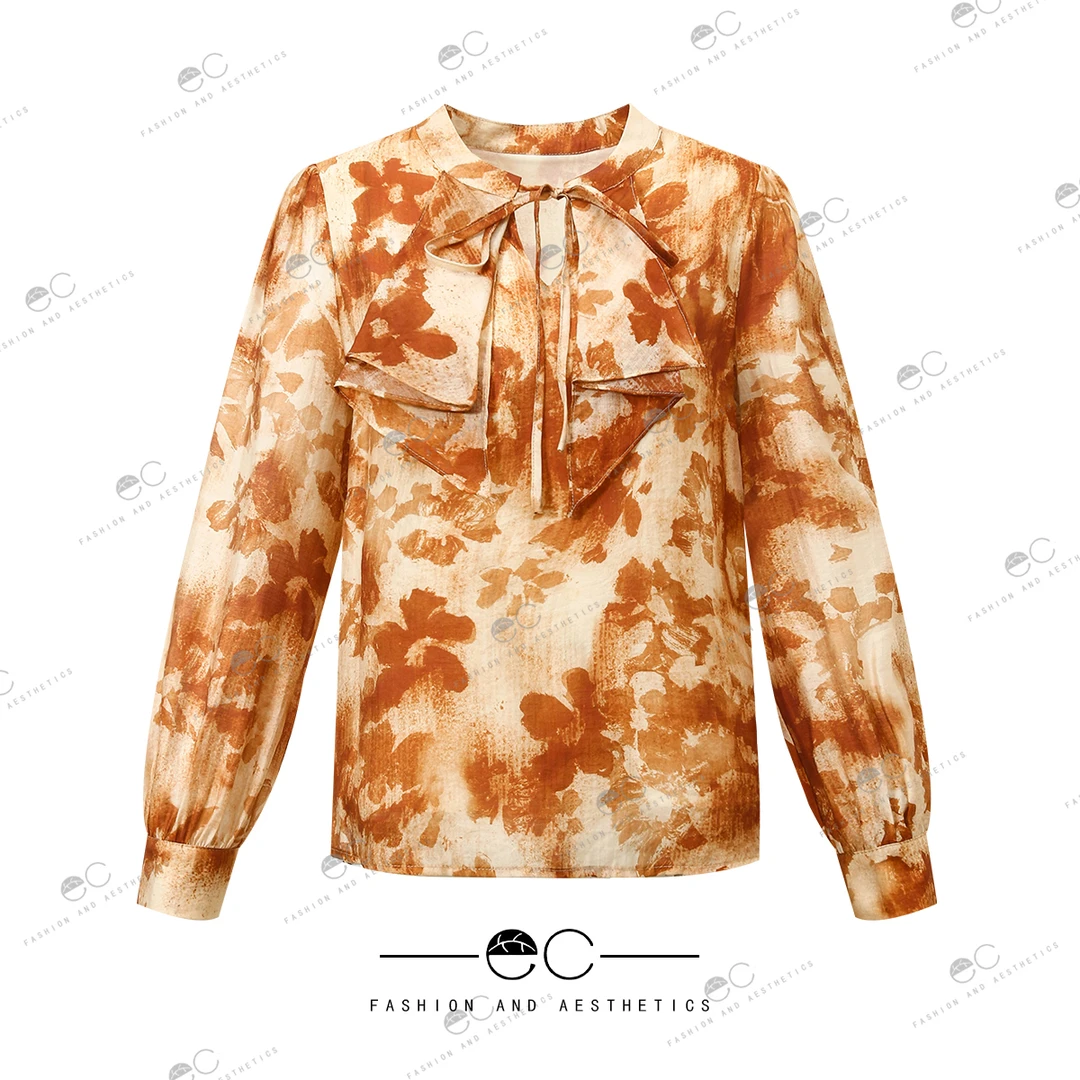 宁熙EC原创2024春新款v领系带印花长袖衬衫女宽松显瘦百搭1739