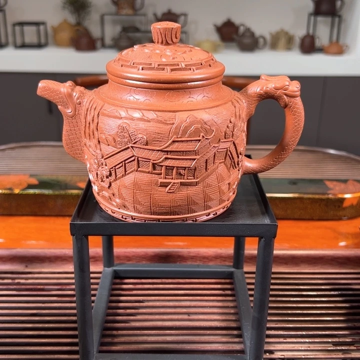 紫砂茶壶德钟朱泥浮雕刻绘