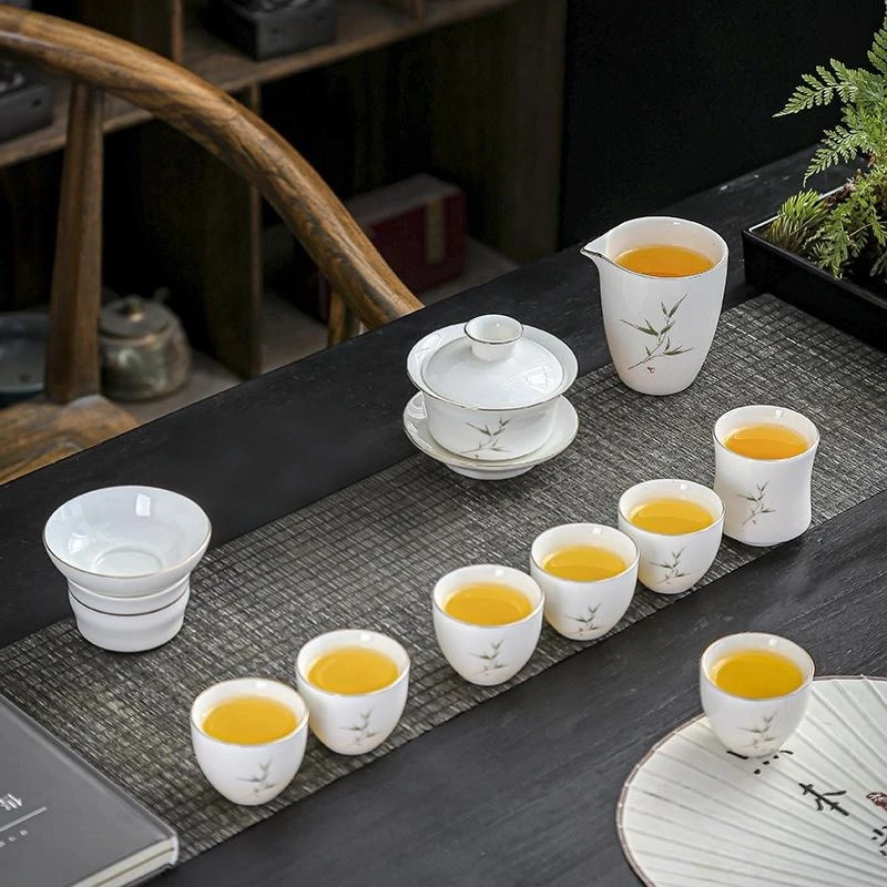 晟翔羊脂玉茶具白瓷套装—浅竹盖碗10头加主人杯茶宠
