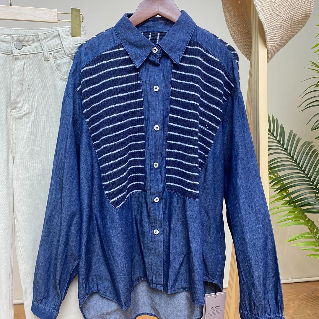 【半针织纽扣牛仔蓝棉纱衬衫】9319