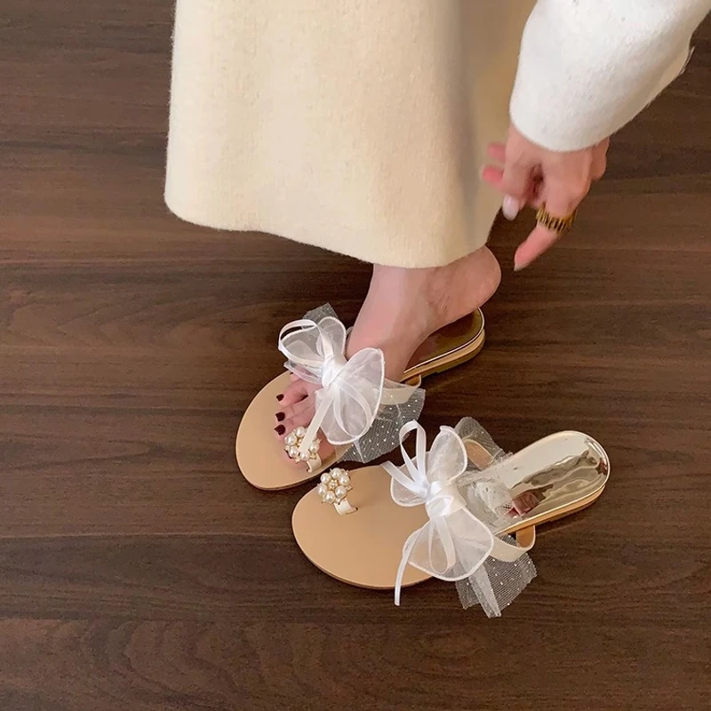 温柔风蝴蝶结坡跟拖鞋女鞋夏季外穿海边配裙子凉拖珍珠鸽子蛋凉