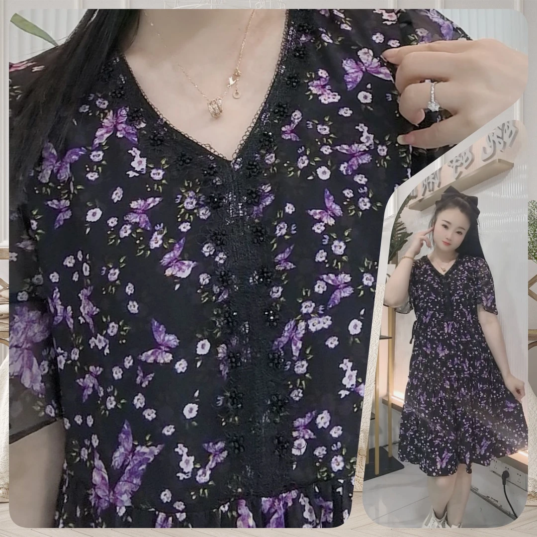 【婉婷服饰】66110连衣裙紫花夏季无口袋女装单层棉双绉面料-裙长95