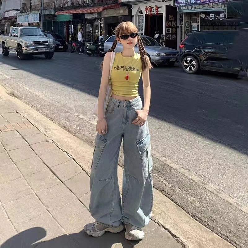 （山）（花子）2025新款牛仔裤工装直筒阔腿裤拖地长裤女