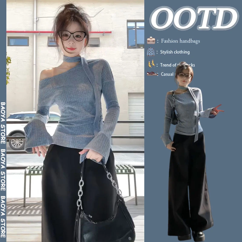 春季穿搭一整套2025新款韩系飘带斜露肩上衣高腰休闲阔腿裤两件套