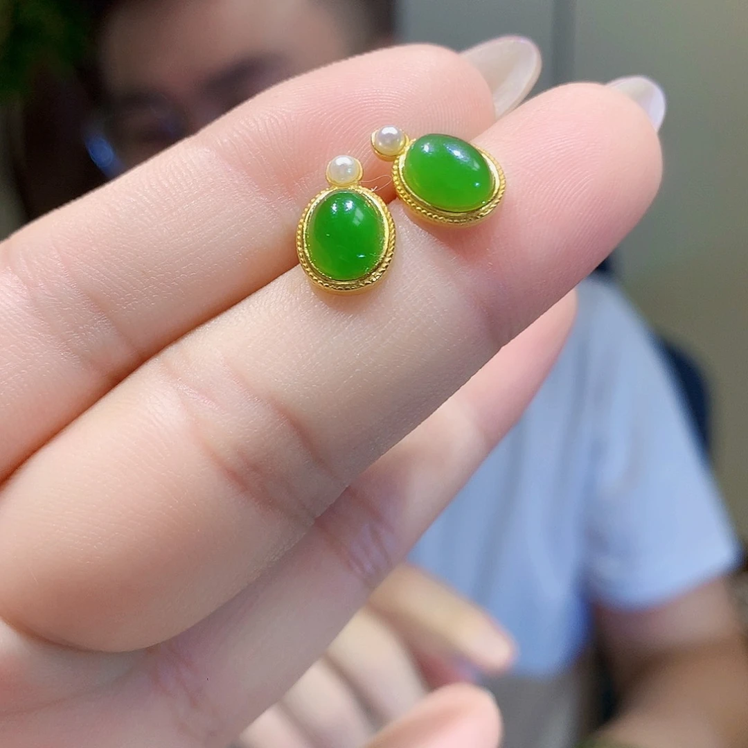 和田玉（碧玉）银S925镀金镶嵌耳饰