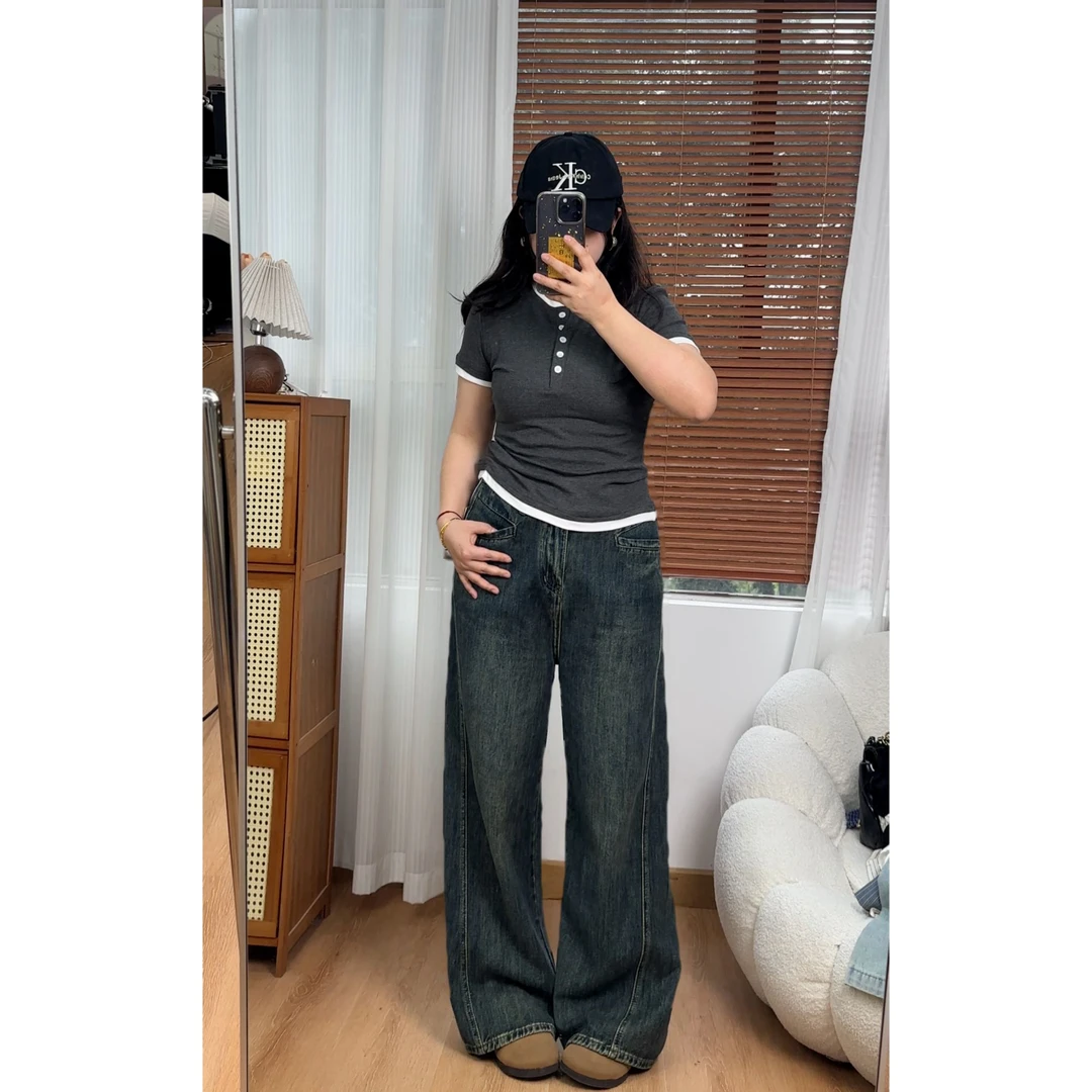 小个子高腰阔腿牛仔裤女2025春夏大码百搭显瘦垂感弯刀拖地裤子