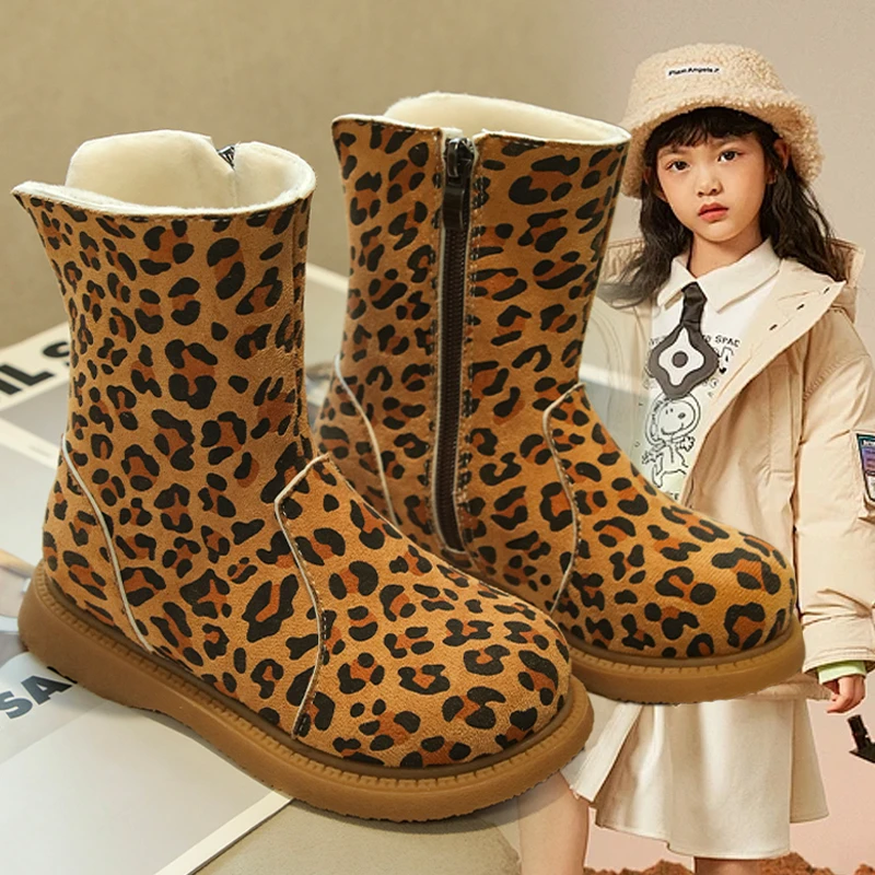 女童秋冬款豹纹小皮靴女宝宝复古加绒款中筒靴儿童靴子软底马丁靴