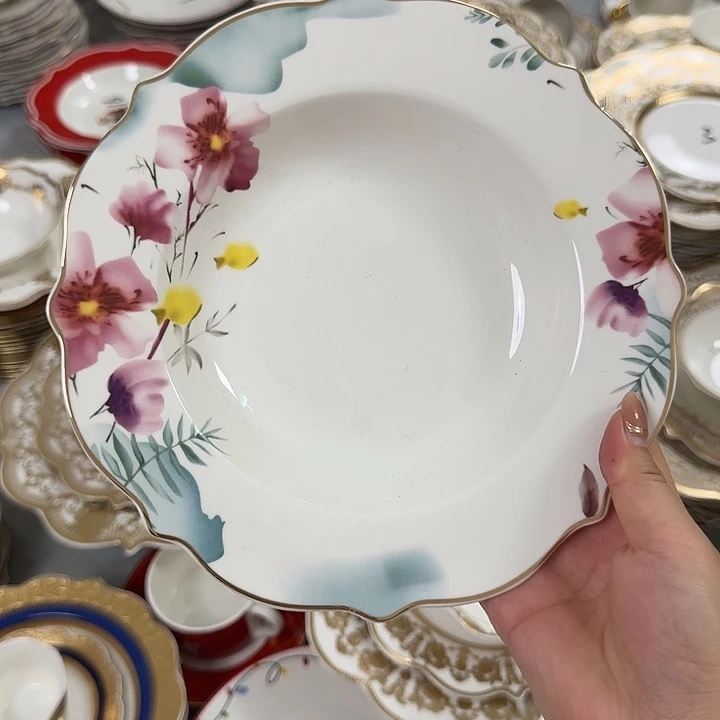 瓷9英寸粉蓝花草帽盘4个微瑕