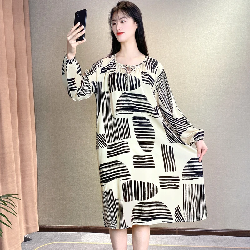 棉绸夏季睡裙女款2025新款长袖睡衣不带胸垫薄款可外穿家居服Y159