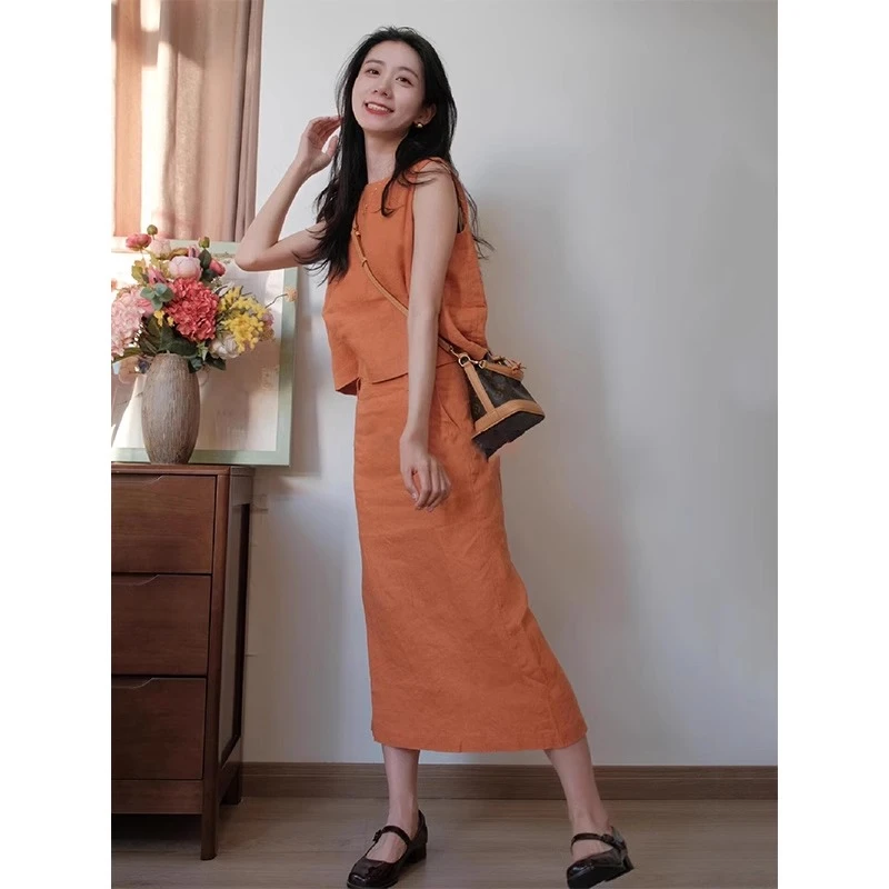 老钱风亚麻套装女夏高级感时尚气质女神范背心马甲半身长裙两件套