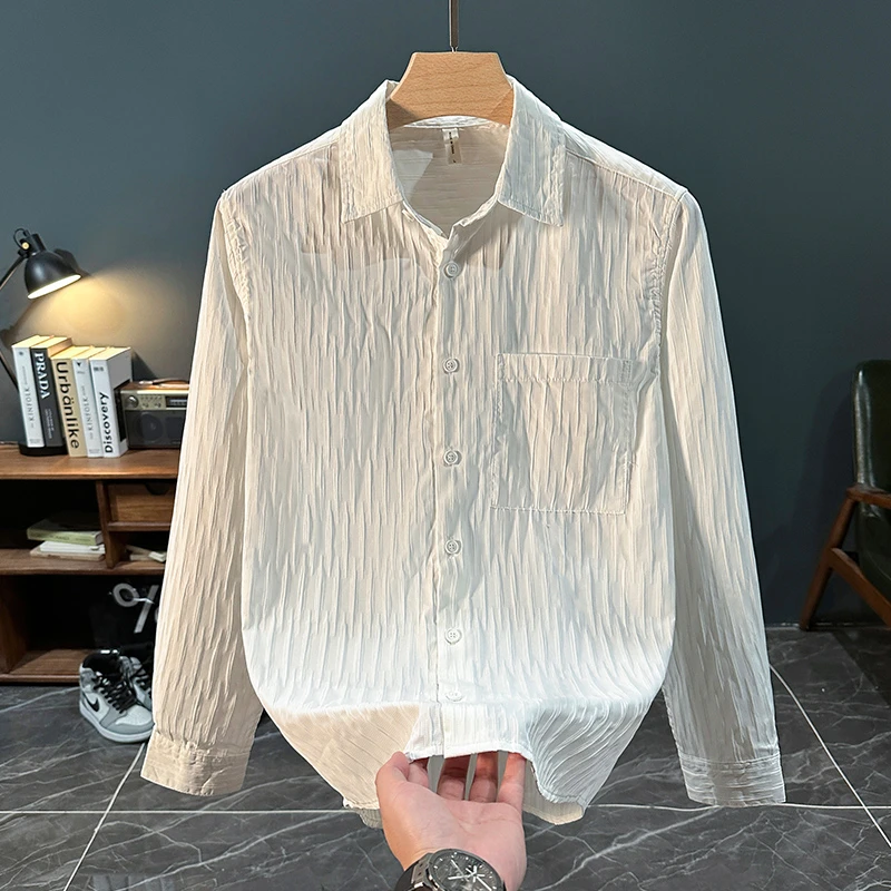 轻奢日系简约清新长袖衬衫男士秋季时尚纯色百搭帅气休闲宽松衬衣