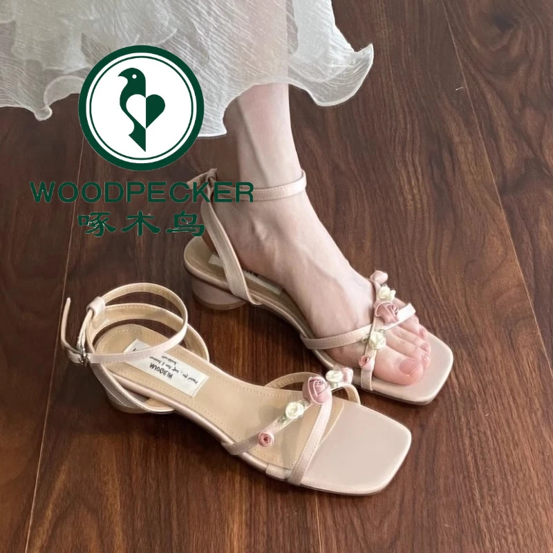 啄木鸟国风新中式凉鞋2025新款方头粗跟仙女风淑女夏季外穿配裙子