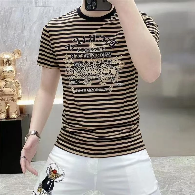 条纹印花短袖薄款青年圆领夏季T恤韩版网红百搭时尚男士男装针织