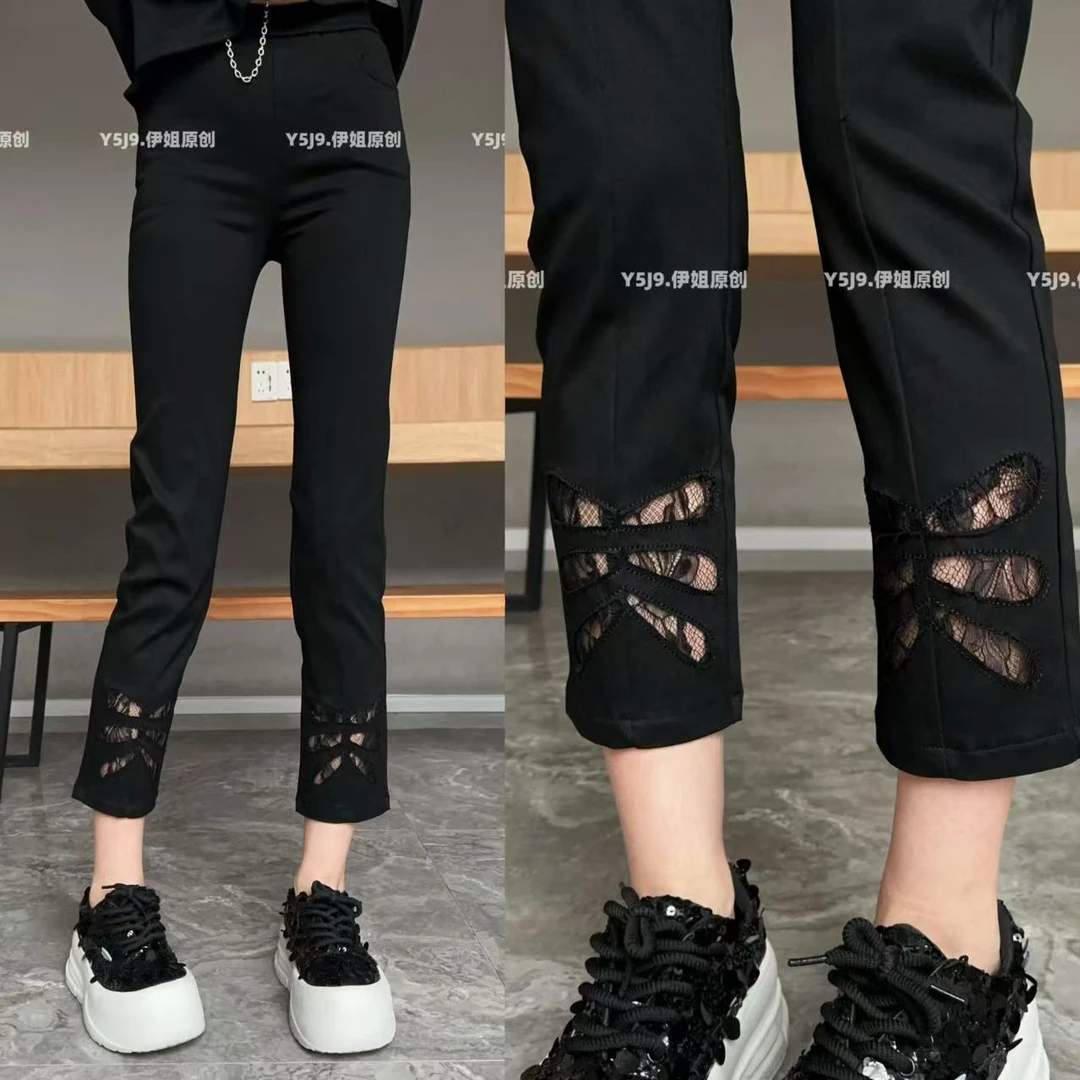 【YJ·高定】2025春夏新款弹力修身松紧裤百搭显瘦黑色烟管裤女YK533