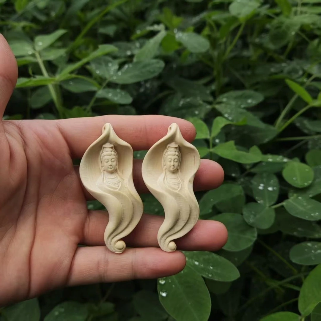 非金属木质吊坠 黄杨木雕刻荷叶观音观世音菩萨坠车钥匙扣(微瑕)