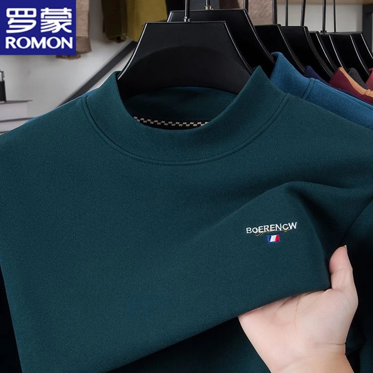 罗蒙秋冬中青年双面德绒打底衫男士半高领刺绣潮流保暖中领T恤衫