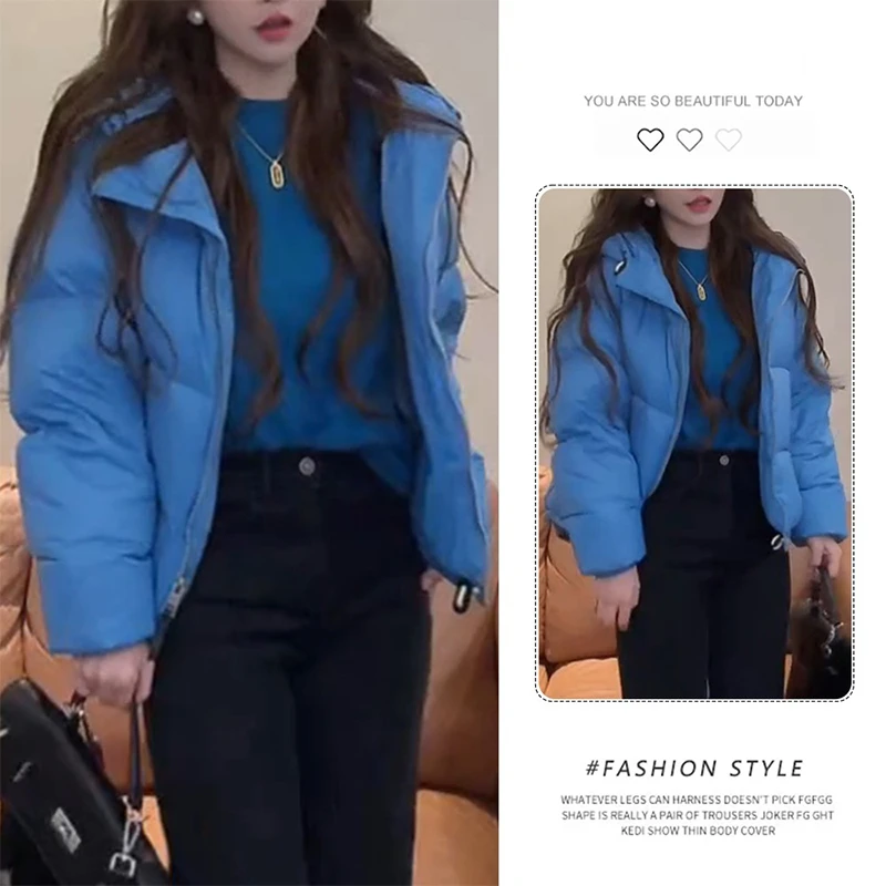 克莱因蓝色连帽短款面包服轻薄保暖棉衣棉袄外套超好看的棉服女冬