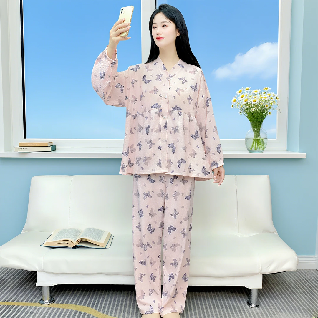 云朵棉女睡衣长袖韩版宽松大码不带胸垫可外出V领家居服套装Y172