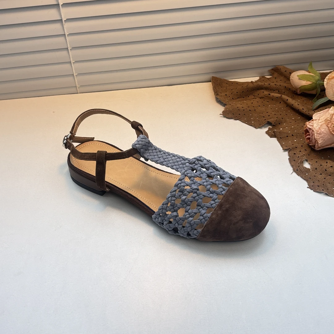 包头凉鞋女平底羊皮镂空手工编织夏季拼色复古平跟罗马凉鞋S88