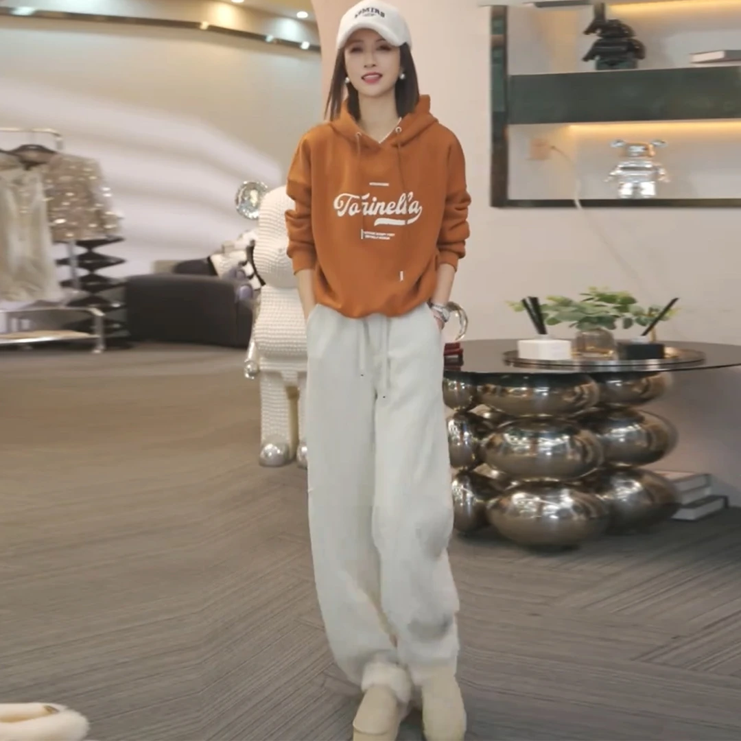 时尚休闲运动套装女2025冬季新款加绒连帽卫衣高腰阔腿裤两件套潮