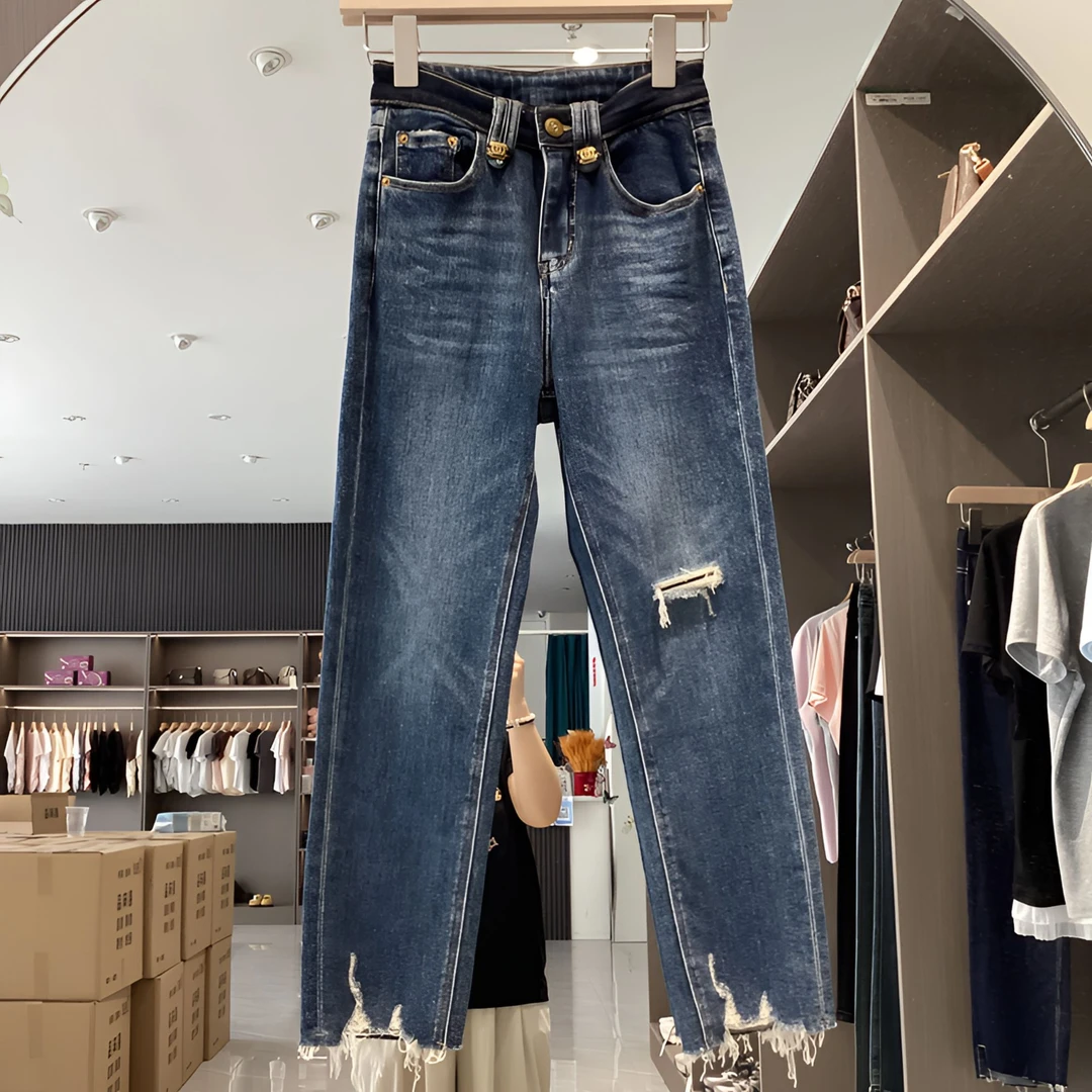 B4-1 【3011】烟管四季九分直筒裤破洞款高腰时尚宽松修身弹力秋季