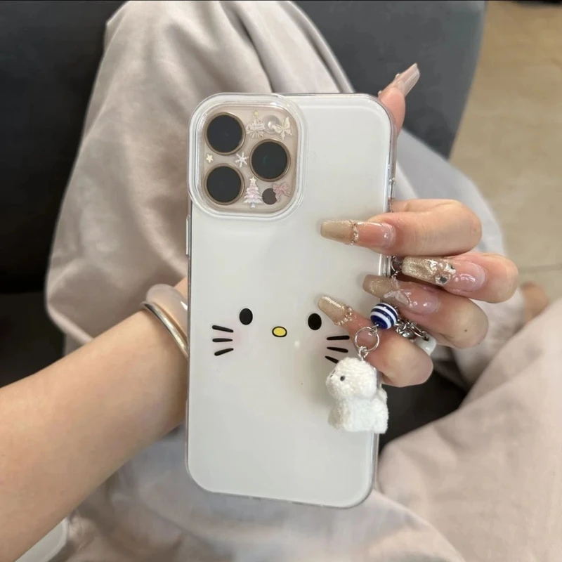 圆边白色小脸kt猫适用苹果16promax手机壳iPhone14/13防摔15简约