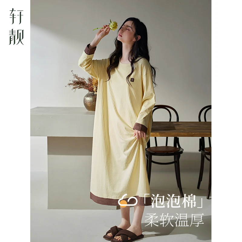 【纯棉】泡泡棉睡裙女春秋季长袖四季款睡衣圆领休闲家居服连衣裙