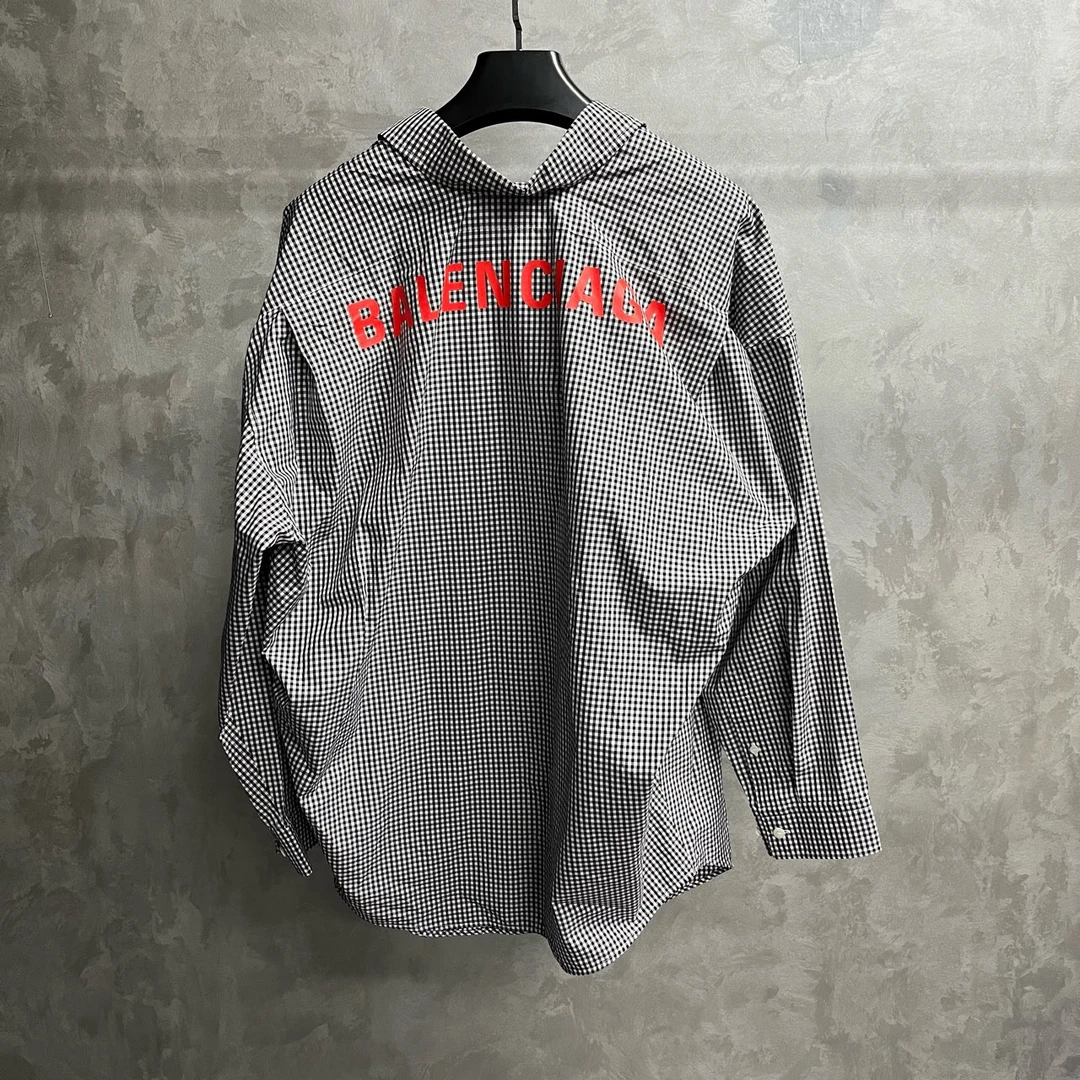 未使用 Balenciaga/巴黎世家 黑白格纹字母翻领长袖衬衫/34码