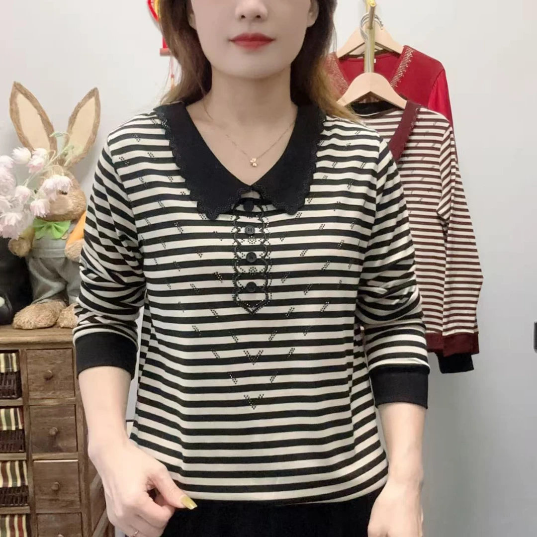 【丽姐家】春秋新款妈妈装娃娃领条纹长袖时尚洋气宽松百搭上衣