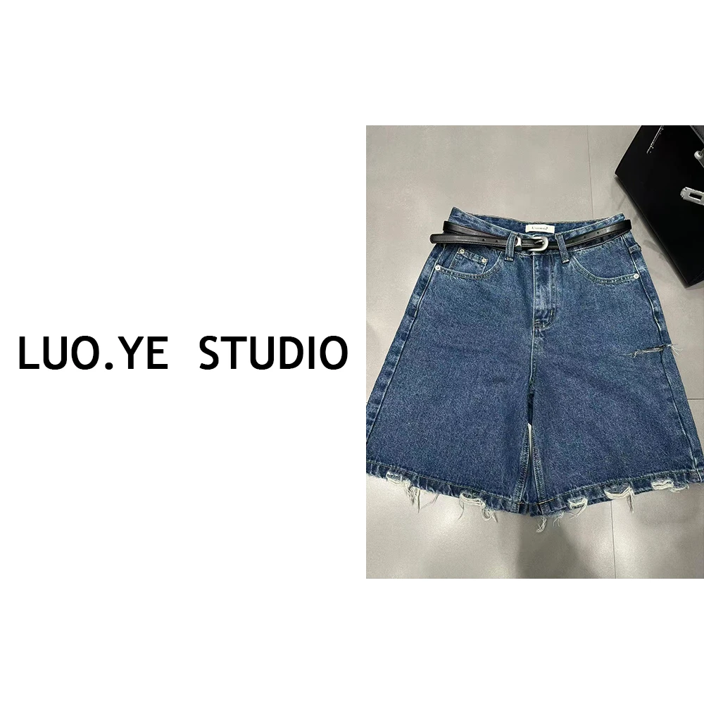 罗爷 · 【巴黎左岸】侧边破洞五分牛仔裤薄款水洗复古百搭时尚66266