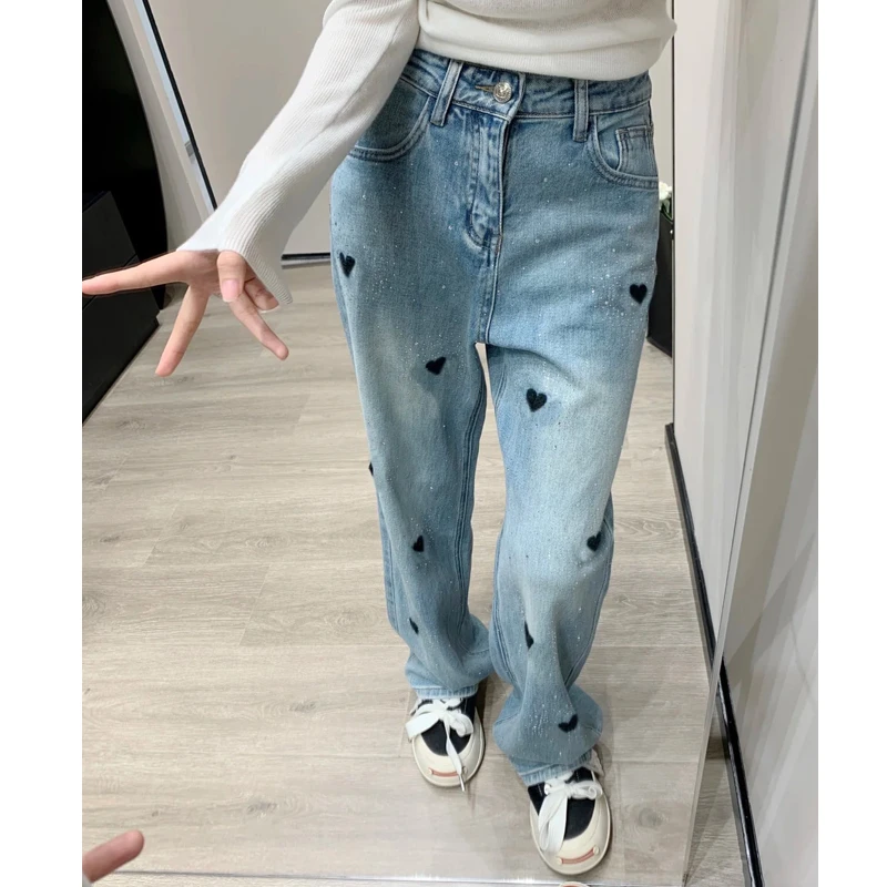 美式复古浅蓝爱心刺绣烫钻牛仔裤女春秋高腰直筒宽松显瘦小个子潮