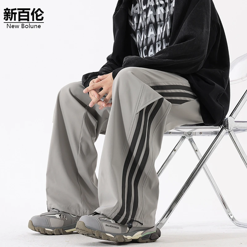 新百伦/NEW BOLUNE休闲裤子男款夏季条纹美式潮牌宽松直筒长裤装