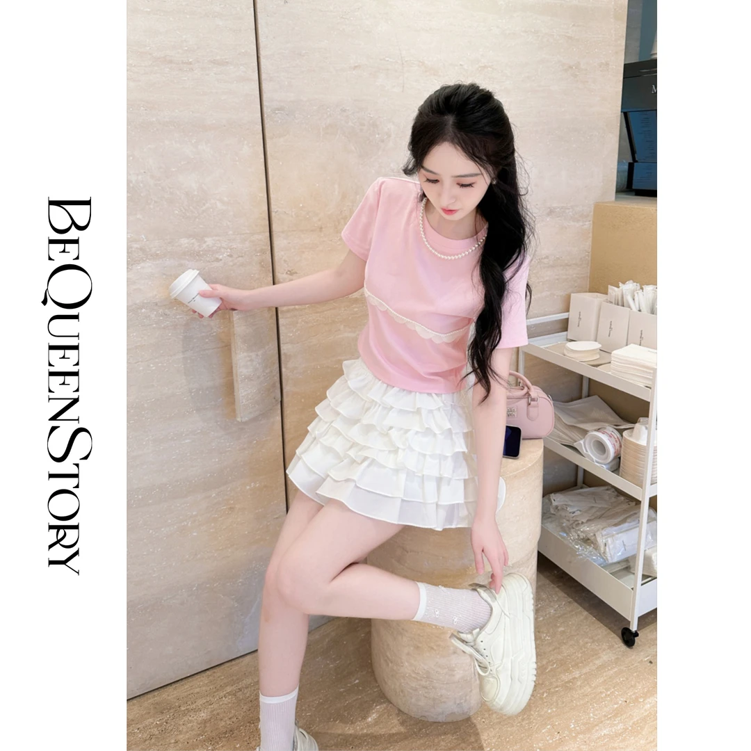 余潇潇【甜心恋曲】领口珍珠包边高级设计感短袖上衣2025夏