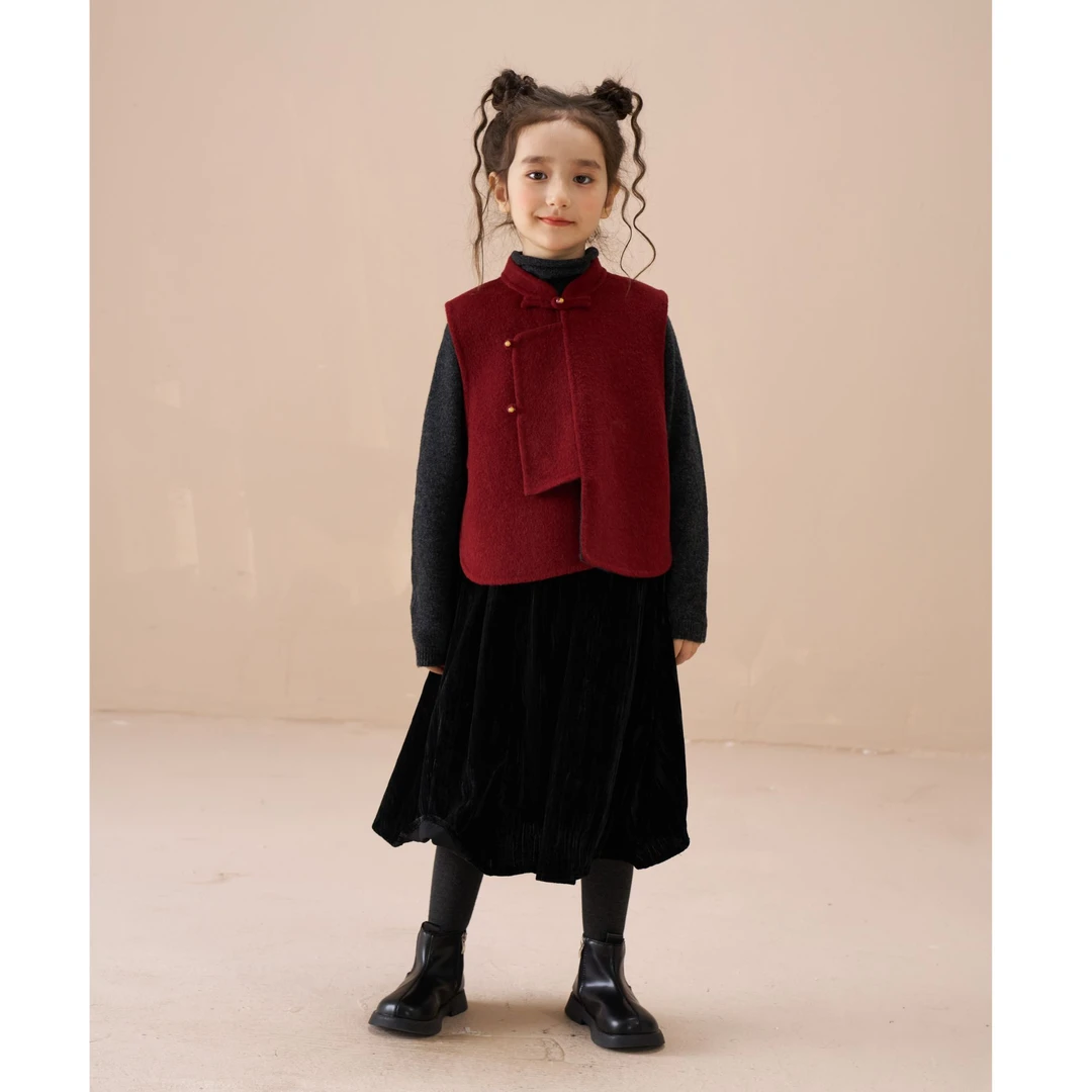 泡芙定制 两面两穿2024冬季儿童双面羊毛洋气毛呢马甲 DY241139