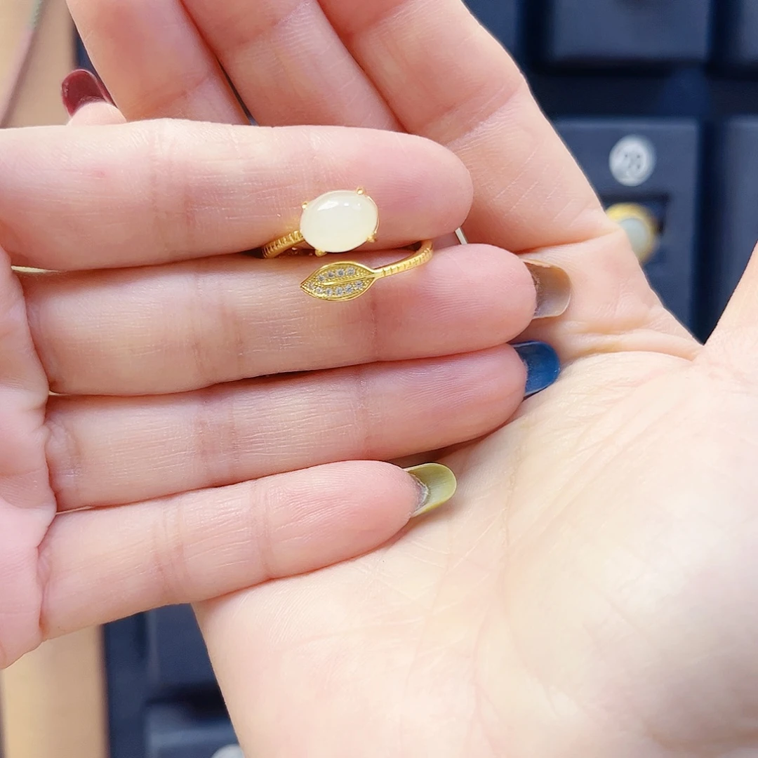 和田玉银S925镀金镶嵌戒指