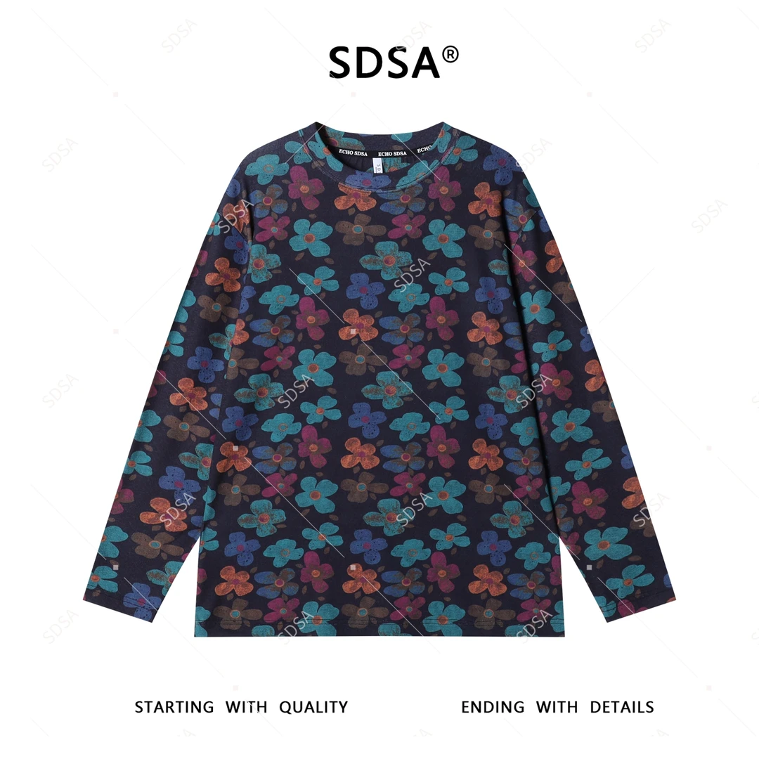 SDSA夏季新款男士痞帅潮牌彩色花朵图案长袖T恤圆领时尚上衣百搭