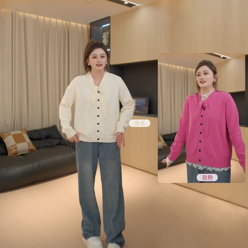 【胖佳佳】减龄少女 v领绑带毛衣秋季时尚百搭针织衫H624Z19259