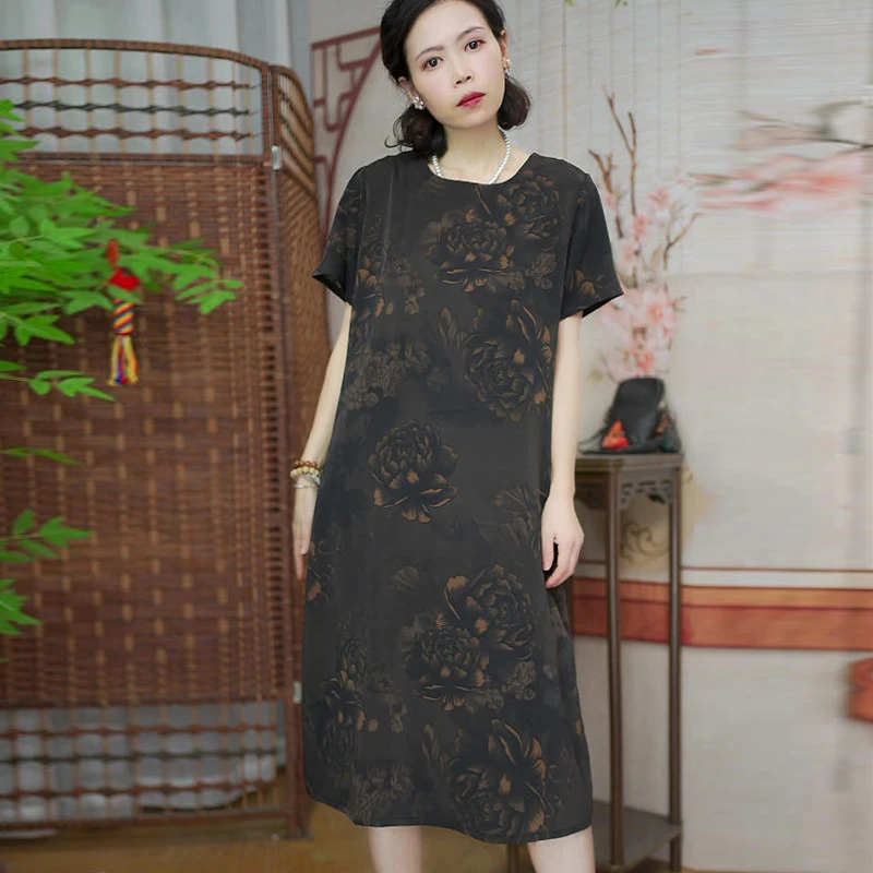 338黑色花朵 妈妈装连衣裙夏季裙子中长款气质时尚宽松圆领裙子