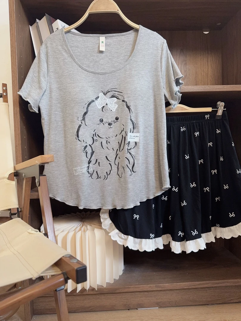 莫代尔睡衣女夏季短袖休闲慵懒风灰色小狗带胸垫可外穿家居服套装