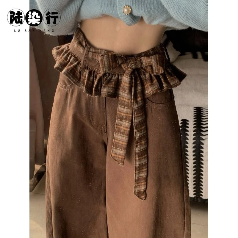 【店铺热销】LRH大码复古格子花边垂感小众牛仔裤女2025夏新款棕色