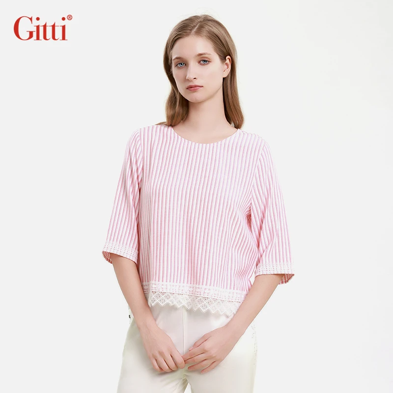 Gitti/吉蒂2025夏新款蕾丝拼接上衣女百搭条纹显瘦大码T恤G251241