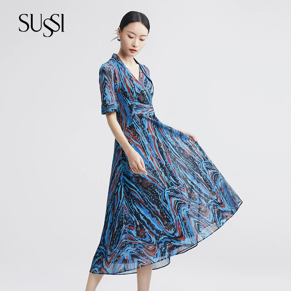 SUSSI/古色夏商场同款短袖印花经典收腰显瘦连衣裙女装