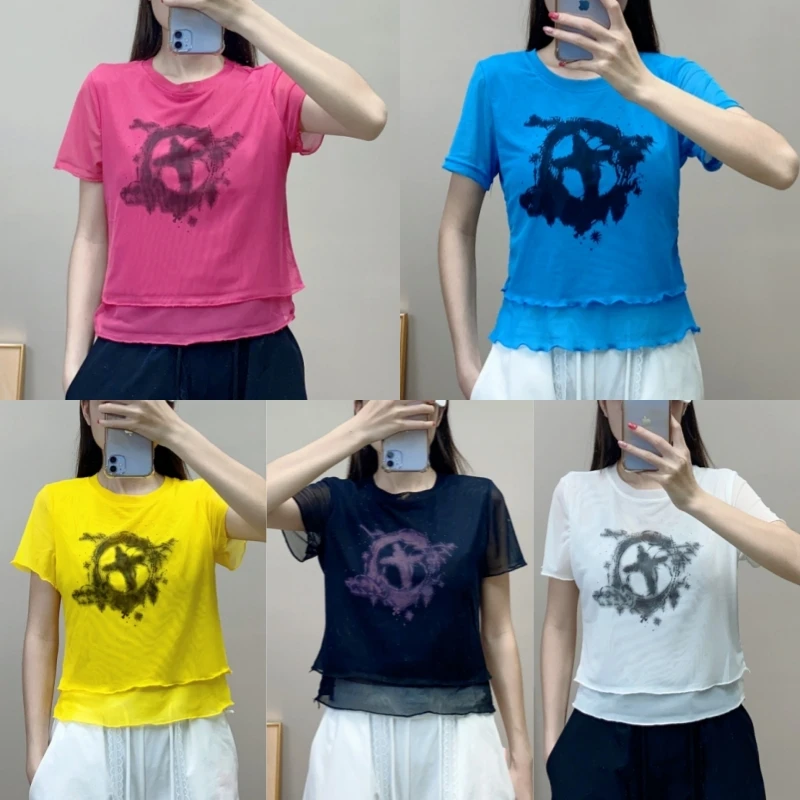 夏季新款双层冰感网纱短袖上衣广场舞曳步舞跳舞衣服时尚百搭ins