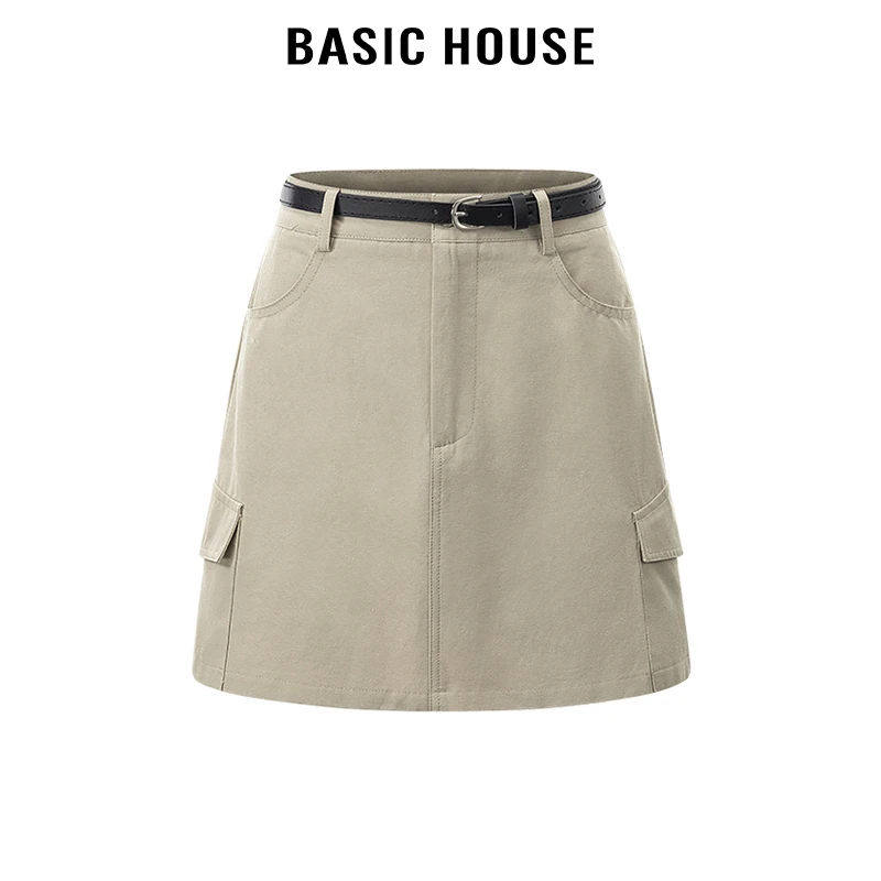 百家好/Basic House高腰立体口袋工装短裙女腰带通勤直筒包臀裙夏