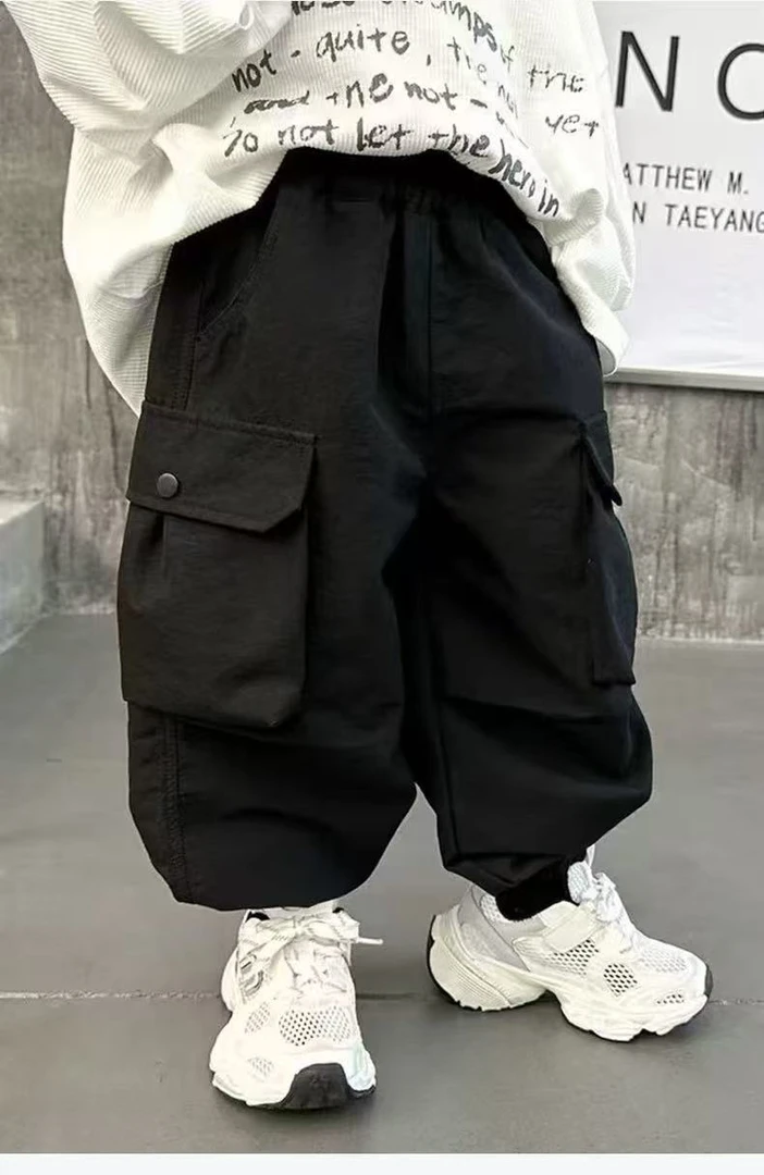 春秋款大口袋工装裤黑色耐脏 儿童男女宝同款休闲裤子韩版时尚