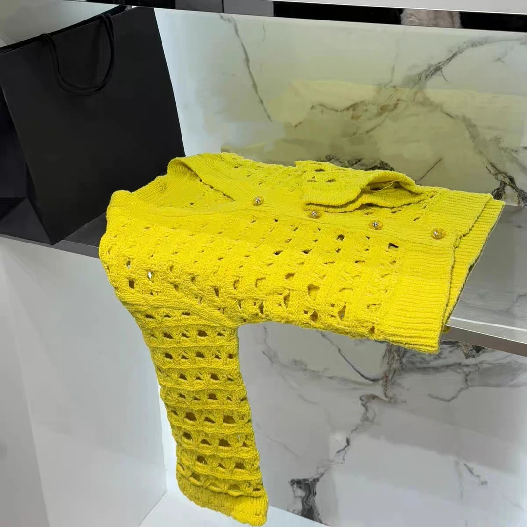 顶配25C 新款柠檬黄早春镂空编织开衫外套女