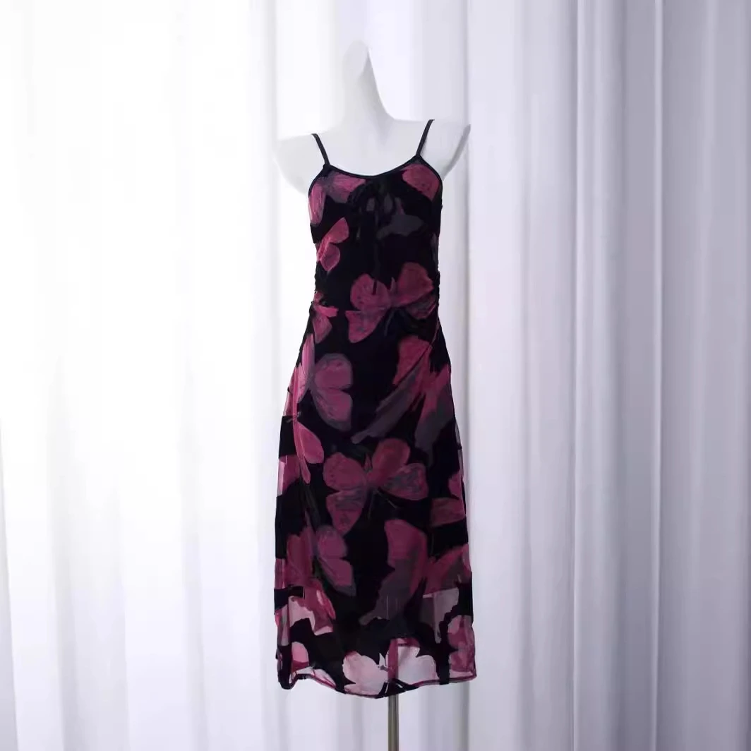 蝴蝶改造红/杏蝴蝶印花连衣裙度假长短款吊带裙清新优雅时尚气质