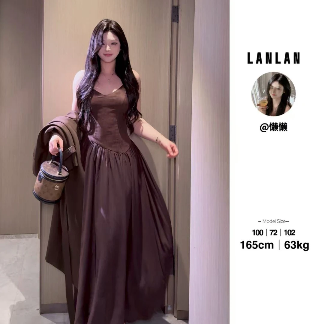 Lanlan-【C位女孩】复古拼接时尚修身显瘦A字吊带连衣裙