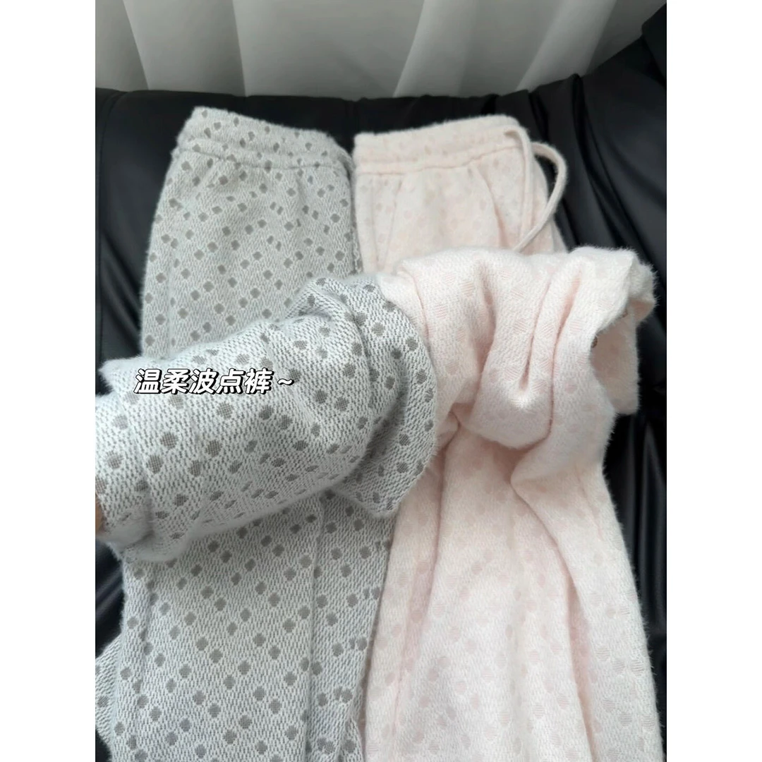 温柔波点糯米裤女秋季外穿2025新款高腰显瘦小个子软糯针织阔腿裤